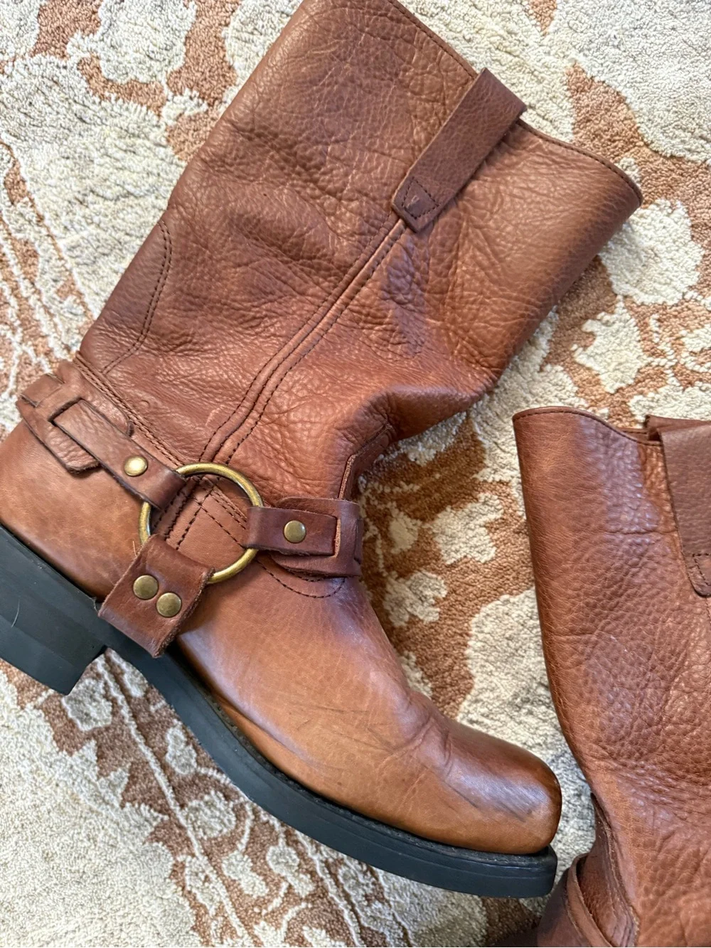 Brown Square toe leather harness boots sz 9.5